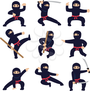Cartoon funny warriors. Ninja or samurai vector characters. Ninja warrior samurai in mask with weapon sword illustration
