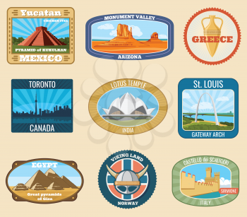 World famous international landmarks vector vintage travel stickers. Famous landmark for tourism and journey illustration