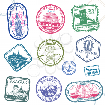 Vintage passport travel vector stamps with international symbols and famous trademark. Travel arrival stamp for passport, international national border illustration