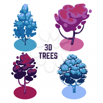 Unusual colors trees collection - fantastic 3D trees isolated on white. Vector illustration