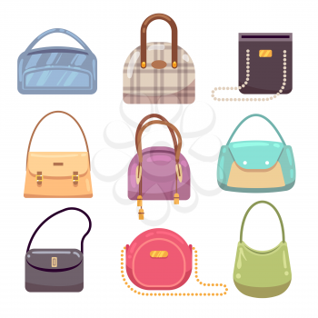 Colourful ladies handbags, woman accessories vector collection. Handbag luxury, accessory bag female illustration
