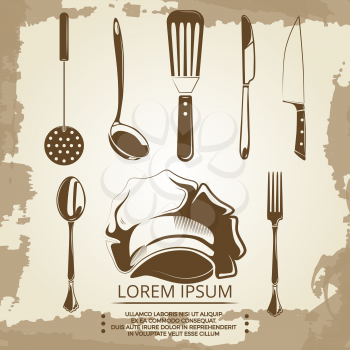 Vintage elements for cafe or restaurant labels, background, banners on grunge background. Element of kitchen tools illustration