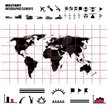 Military infographics elements with world map and icons. Black world map. Vector illustration