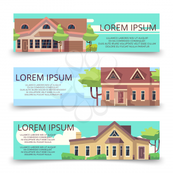 Property advertising horizontal banners template with flat style houses. Banner with home illustration vector