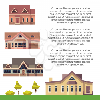 Property advertising poster design with flat houses. Banner with buildings illustration vector