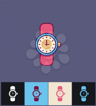 Clock icon. Flat vector illustration on different colored backgrounds. Blue wristwatch time watch