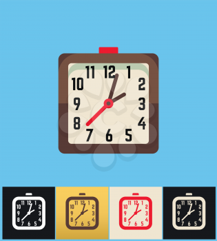 Clock icon. Flat vector illustration on different colored backgrounds. Brown square analog clock set icons
