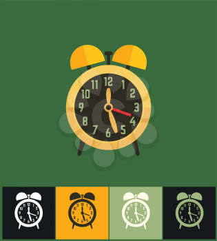 Clock icon. Flat vector illustration on different colored backgrounds. Golden analog clock with alarm