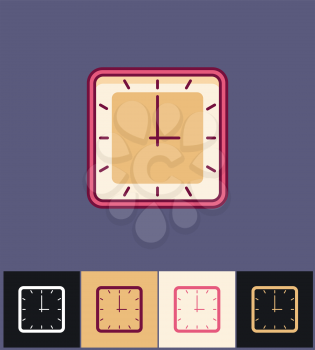 Clock icon. Flat vector illustration on different colored backgrounds. Pink simple square clock. Timer watch design