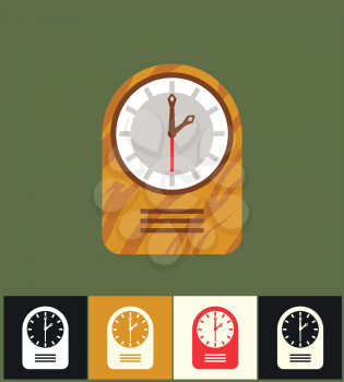 Clock icon. Flat vector illustration on different colored backgrounds. Wood analog clock
