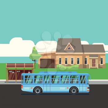 Residential house with bus stop and blue bus. Flat vector illustraion. Home and bus on road, infrastructure transportation