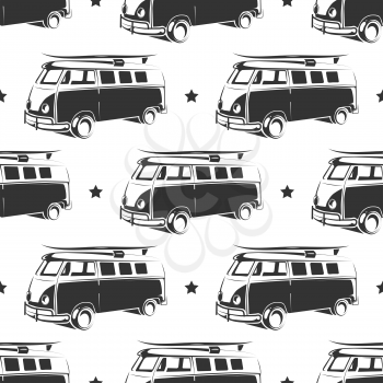 Retro bus with surf seamless pattern. Holiday summer background, vector illustration
