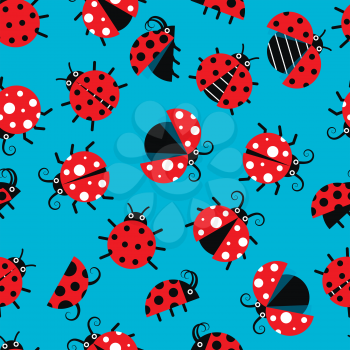 Seamless pattern with ladybugs flat on background. Vector texture illustration