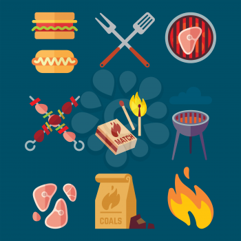 Set of flat barbeque icons for web. Camping vector illustration isolated on blue background. Bbq meat cooking, healthy beef grilled