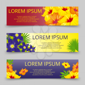 Tropical leaves and flowers banners template. Poster with tropical flowers. Vector illustration