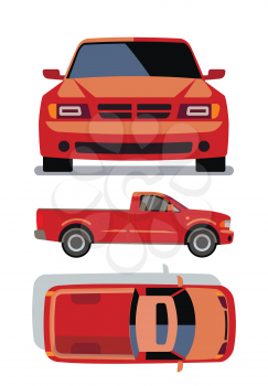 Vector flat-style cars in different views. Orange pickup truck illustration