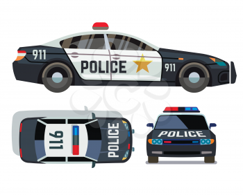 Vector flat-style cars in different views. Police car security vehicle with siren illustration