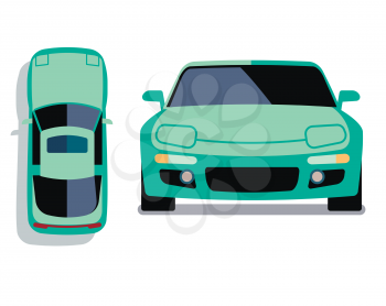 Vector flat-style cars in different views. Turquoise sport car illustration