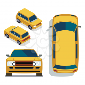 Vector flat-style cars in different views. Yellow isometric suv car illustration