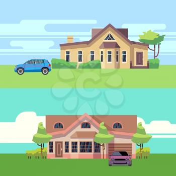 Vector horizontal banners with houses with cars. Flat vector illustration. Car and building architecture, automobile and cottage