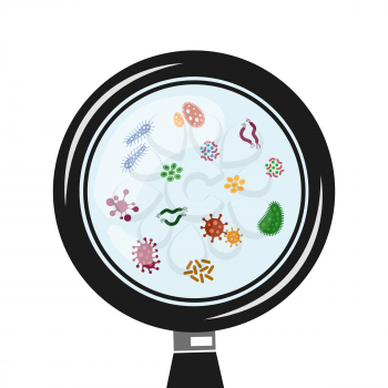 Viruses and microbes in the magnifier vector. Infection and illness illustration