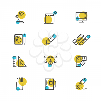 Office stationery thin line icons collection. Set of drawing color tools. Vector illustration