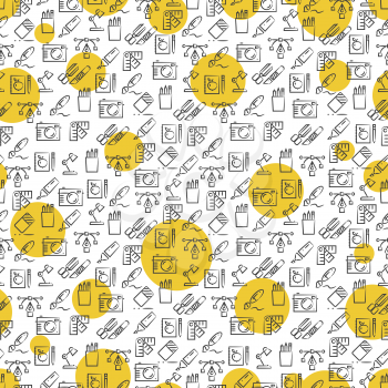 Office icons seamless pattern with yellow rounds. Background tools. Vector illustration