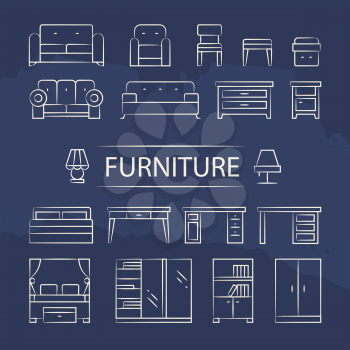 Living room furniture and table lamps line icons set. Design interior lamp table and sofa, vector illustration