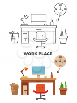 Work place concept - flat style and thin line style workplace interior modern, vector illustration
