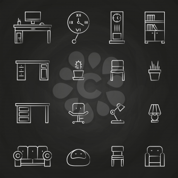 Work room furniture and accessories icons on chalkboard. Armchair and table. Vector illustration