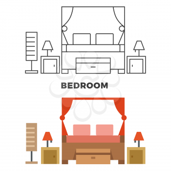 Bedroom concept - flat style and line style bedroom apartment furniture, vector illustration
