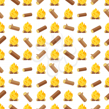Wood logs and bonfires seamless pattern. Background with bonfire or campfire, vector illustration