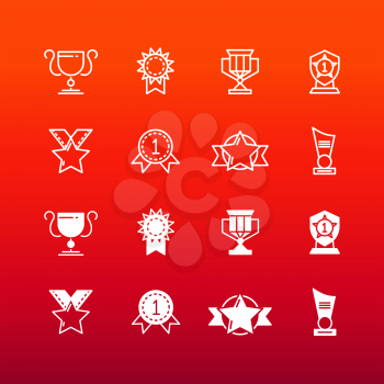 Awards, trophy and prizes line and outline icons. Achievement cup and reward illustration