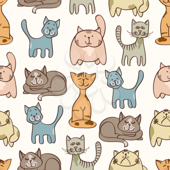 Hand drawn cute cats seamless pattern - pets seamless background. Vector illustration