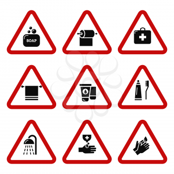 Hygiene, bacteria virus protection attention icons. Antiseptic for hands. Vector illustration