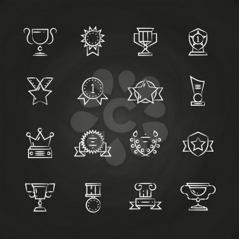 Trophy prizes, awards icons chalkboard. Achievement and victory, vector illustration