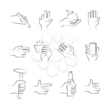 Hand drawn hand icons with tools and other objects. Vector illustration