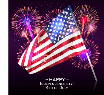 Happy Independence Day with USA flag and fireworks. Symbol america patriotism day. Vector illustration