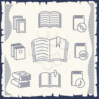 Thin line book collection on vintage background. Collection of books drawing, vector illustration