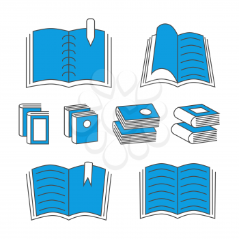 Thin line book icons with color elements isolated on white. Vector illustration