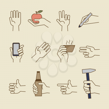 Vintage hand line icons with apple, bottle, cup. Vector illustration