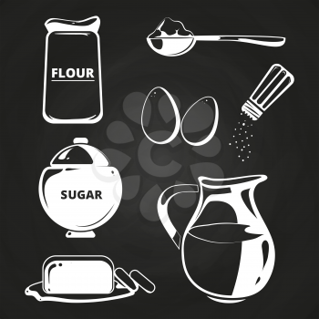 Baking ingredients collection on chalkboard. Collection of ingredients for cook, vector illustration