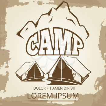 Camping label with tents and mountains on vintage background. Vector illustration