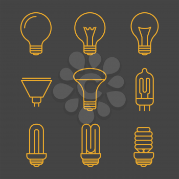 Yellow light bulbs outline icons. Linear design electric lamp. Vector illustration