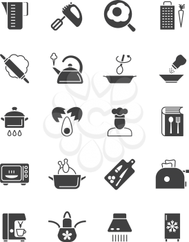 Cooking and kitchen equipment black silhouette vector icons. Cooking utensil silhouette, kitchen tool pan and pot illustration