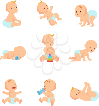 Infant baby vector characters. Newborn in different activity isolated on white. Child character girl and boy illustration