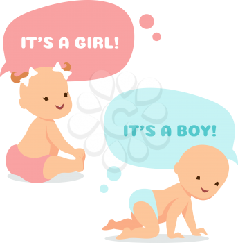 Cartoon baby with thinking bubbles. Cute newborn girl and boy vector illustration. Infant and newborn baby boy and girl