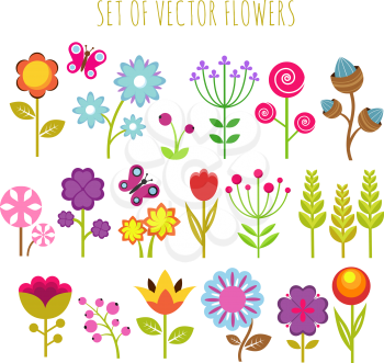 Bright child garden flowers and butterfly vector set. Colored flower for garden with butterfly illustration