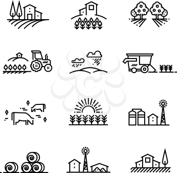 Village line landscapes with agricultural field and farm buildings. Linear farming vector concepts. Farmland and field, illustration of agriculture garden and plantation