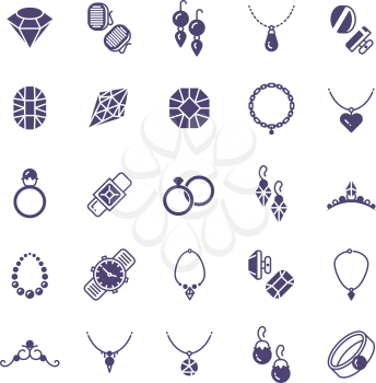 Jewelry vector silhouette icons set. Earrings with diamond, wedding rings and woman necklace pictograms isolated on white. Necklace and diamond, fashion ring and jewelry illustration